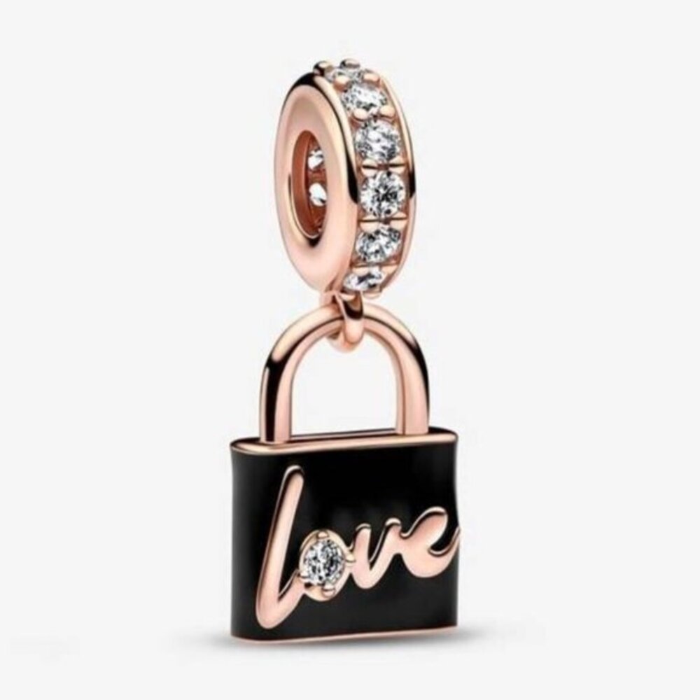 Pandora Rose Gold & Black 'Love' Padlock Dangle Charm